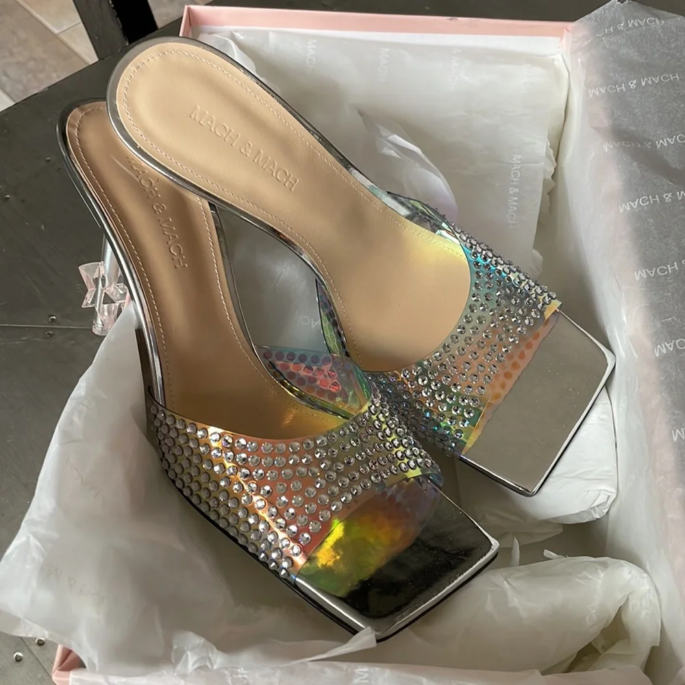 Mach & Mach crystal embellished iridescent silver mules sandals pumps sz 39